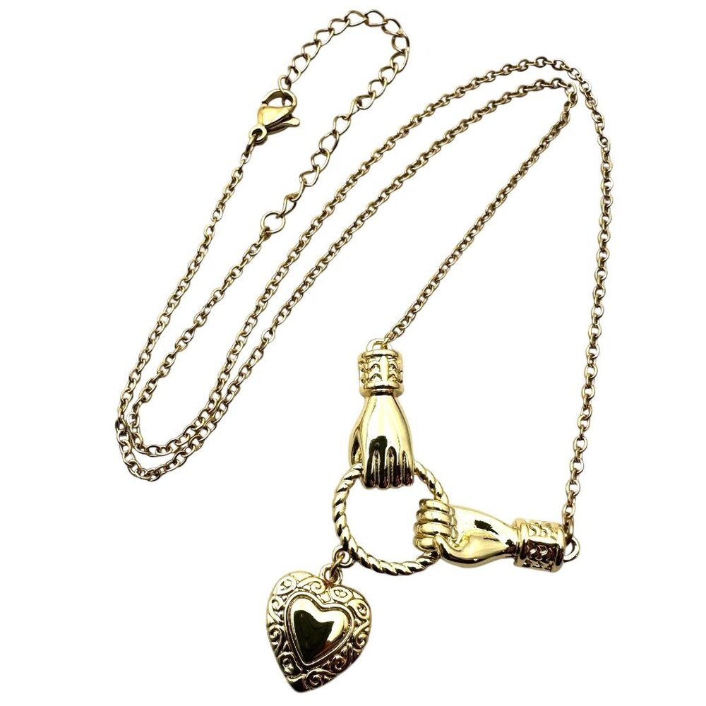 18K Yellow Gold Plated Heart Hands Pendant Necklace Vintage Style